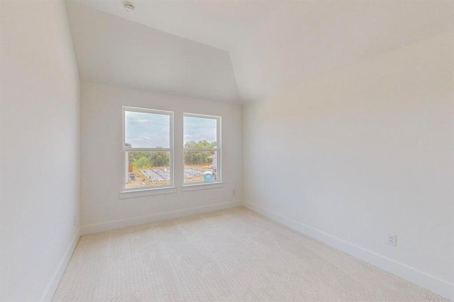 Spare room with lofted ceiling and carpet floors