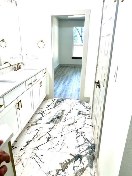 Bathroom featuring vanity and wood-type flooring