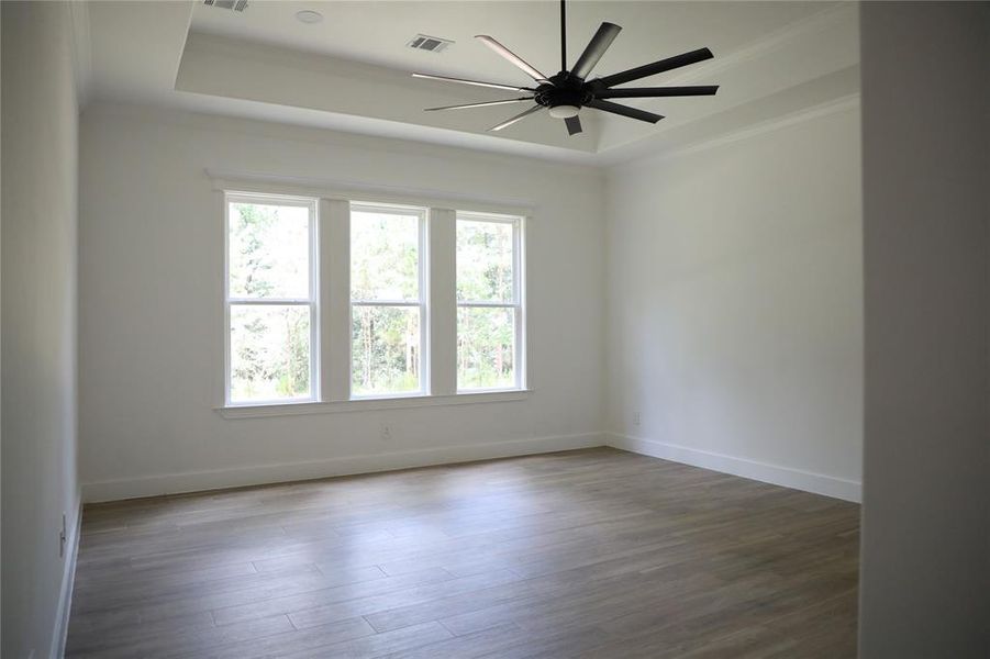 Primary bedroom has a view of the back yard.  It has trey ceiling, wood look tile and remote controlled fan.