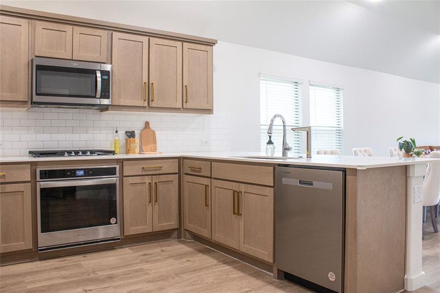 Kitchen with backsplash, light hardwood / wood-style floors, and appliances with stainless steel finishes