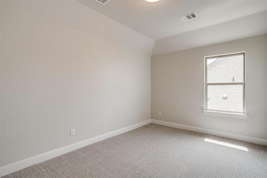 Spare room with carpet floors and vaulted ceiling