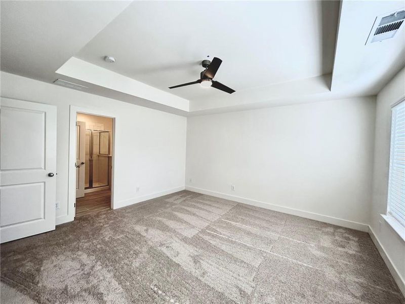 Unfurnished room featuring dark carpet, ceiling fan, and a tray ceiling