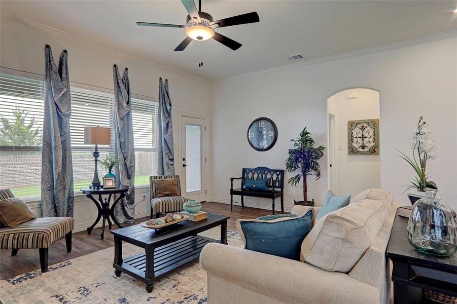 Living room with ceiling fan, crown molding, and hardwood / wood-style flooring