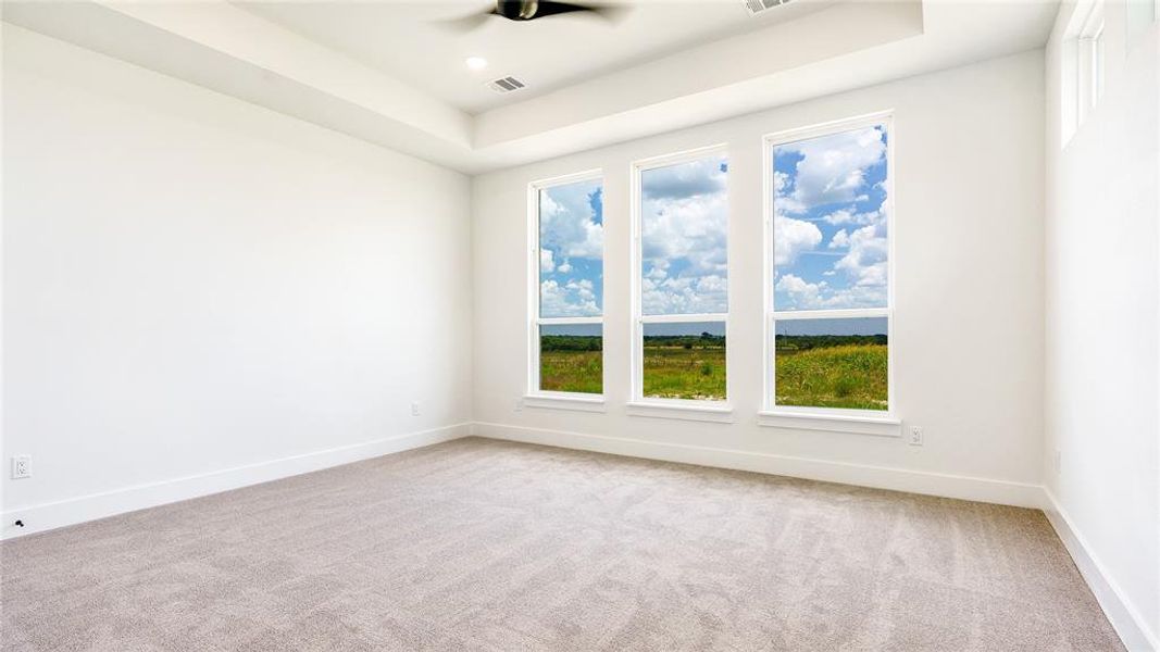 Carpeted empty room with a tray ceiling and ceiling fan