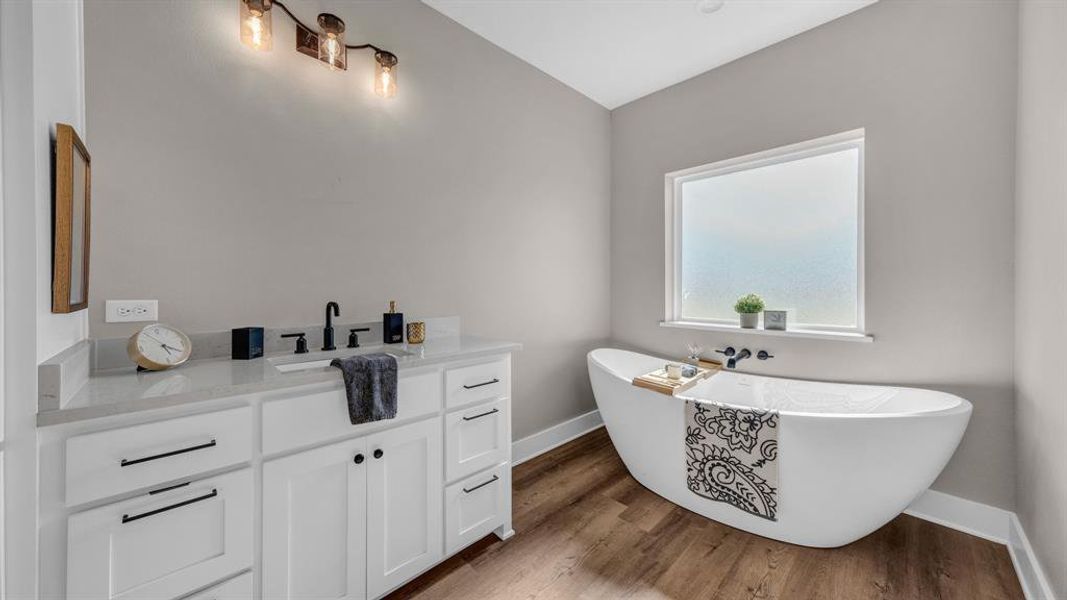 Primary Bathroom, with double vanities, soaker tub, lalrge walk-in shower