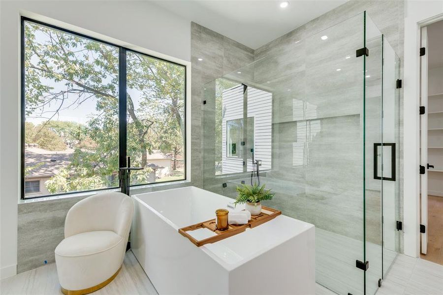 Bathroom with separate shower and tub and a wealth of natural light