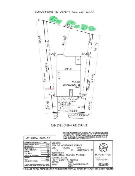 Plot plan of the home on the lot with dimensions.