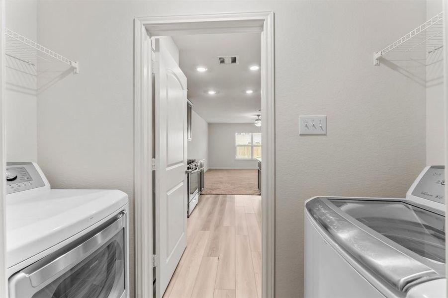 The laundry room is located between the Kitchen and Garage. Washer and dryer stay!