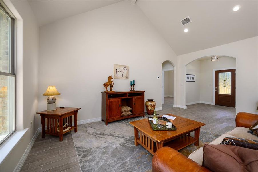 Living room featuring wood-type flooring and high vaulted ceiling