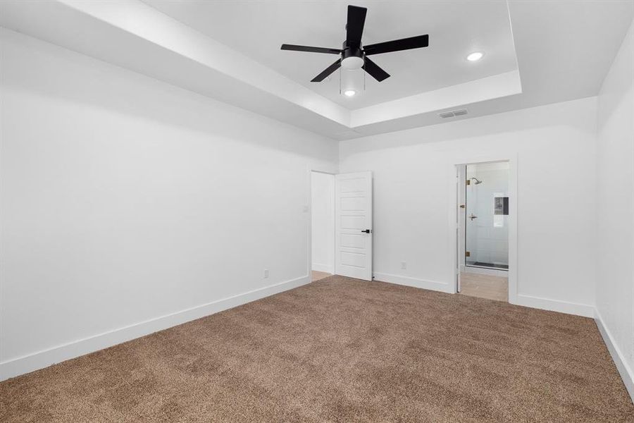 Spare room with carpet, ceiling fan, and a raised ceiling