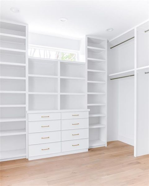 Spacious closet featuring light hardwood / wood-style floors