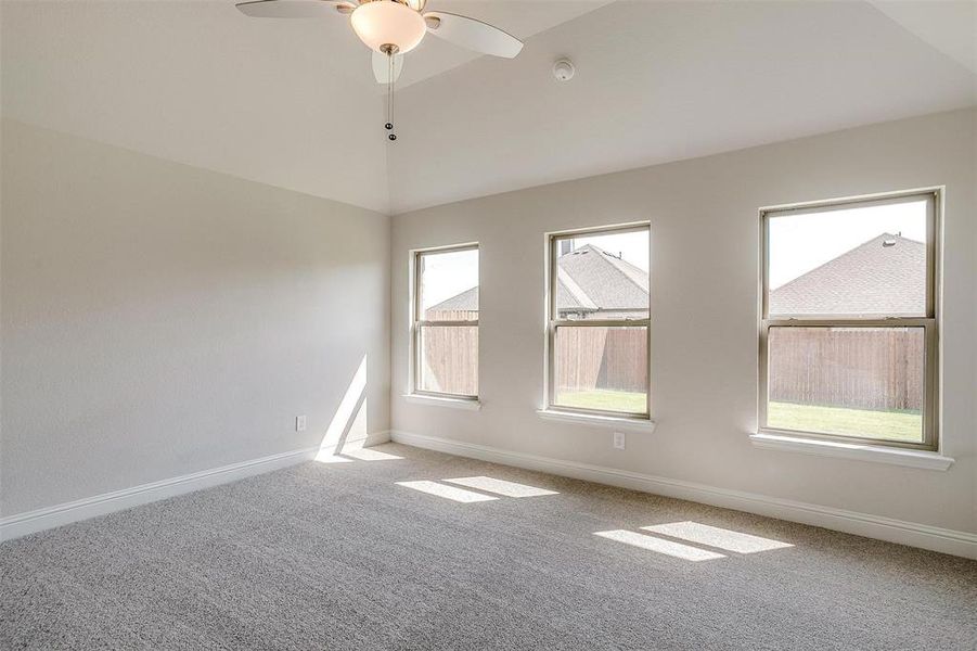 Unfurnished room with a wealth of natural light, carpet, and ceiling fan