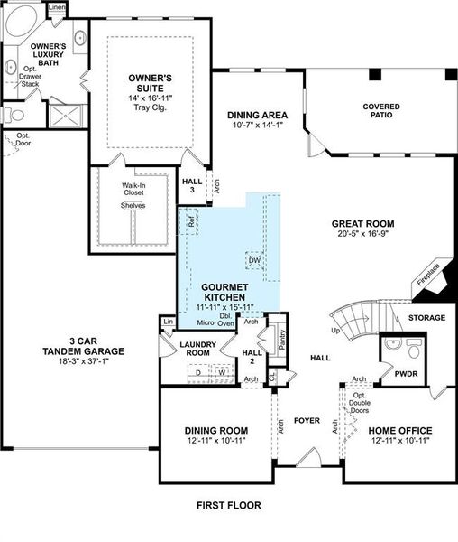 The Louise floor plan by K. Hovnanian® Homes. 1st Floor shown. *Prices, plans, dimensions, features, specifications, materials, and availability of homes or communities are subject to change without notice or obligation.