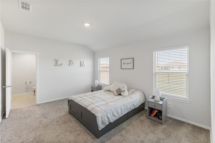 Bedroom featuring light carpet, vaulted ceiling, and ensuite bath