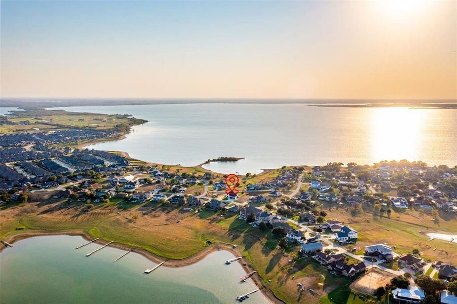 Aerial view at dusk with a water view