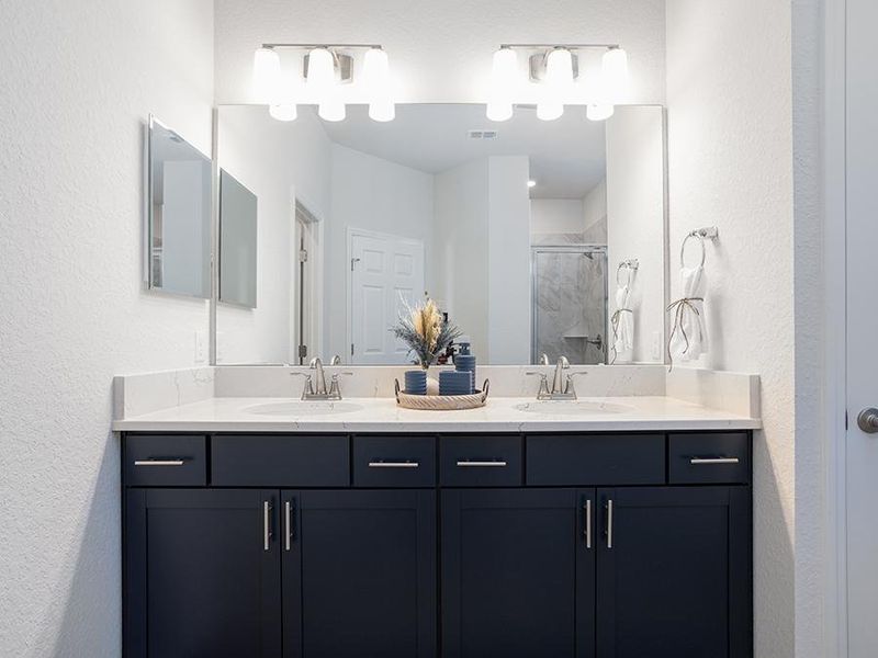 Your new owner`s bath includes dual vanities, enclosed tiled shower, and walk-in wardrobe - Shelby home plan by Highland Homes