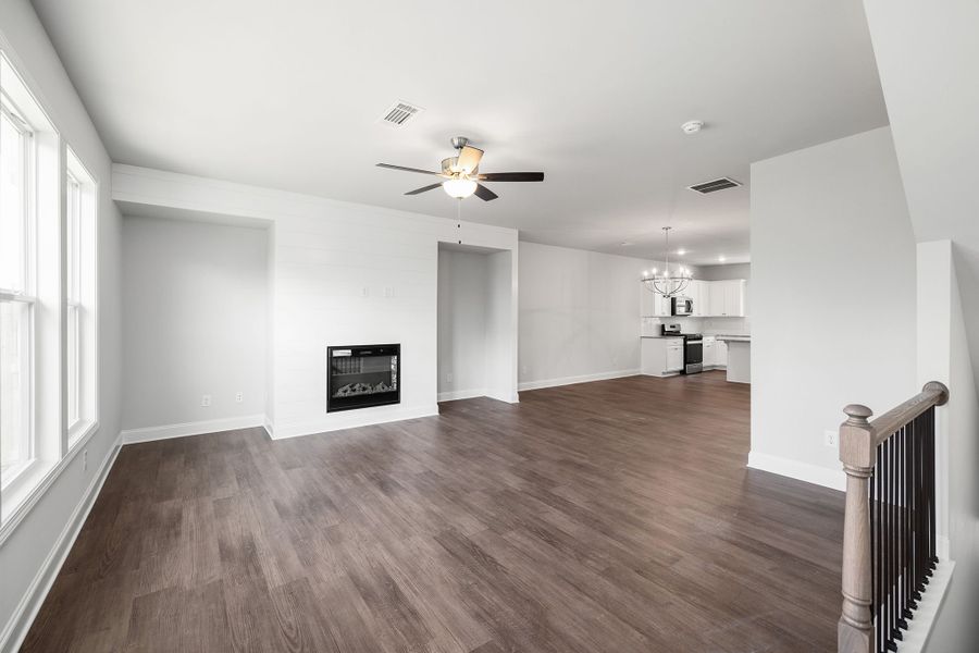 Family room with shiplap fireplace