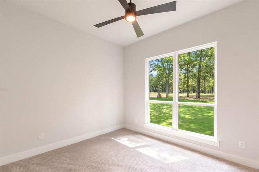 Carpeted spare room with ceiling fan and plenty of natural light