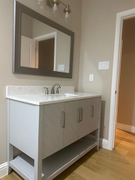 Bathroom featuring wood-type flooring and vanity