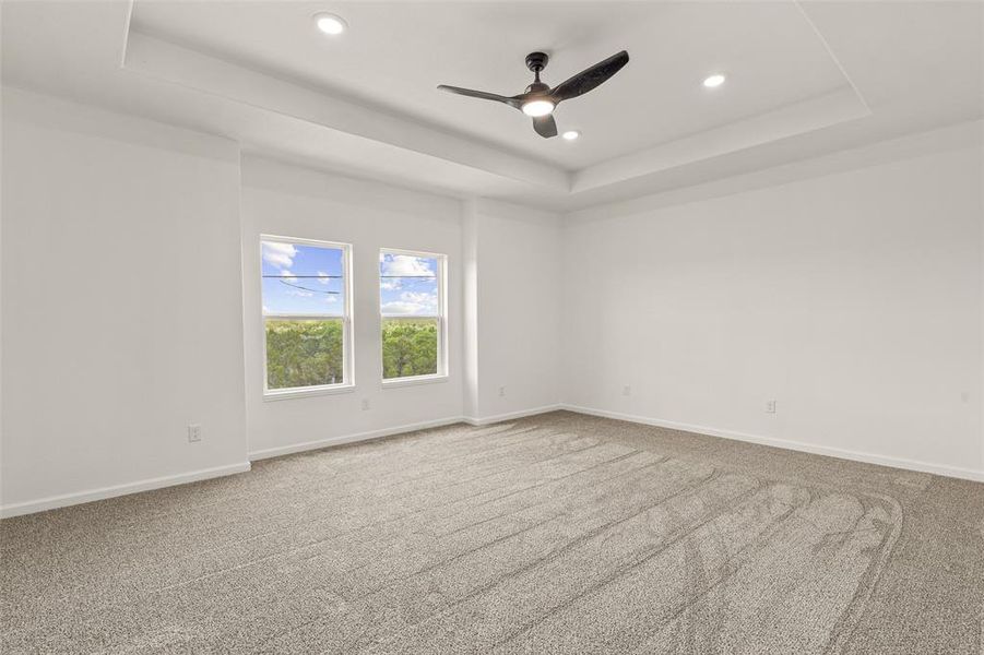 Unfurnished room featuring carpet, ceiling fan, and a tray ceiling