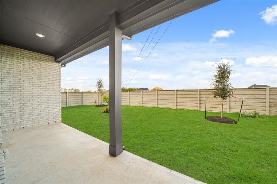 This is a well-maintained backyard with a covered patio area and a green lawn. The space is enclosed by a high wooden privacy fence, and there is a young tree planted in the yard, suggesting room for growth and personal landscaping touches.