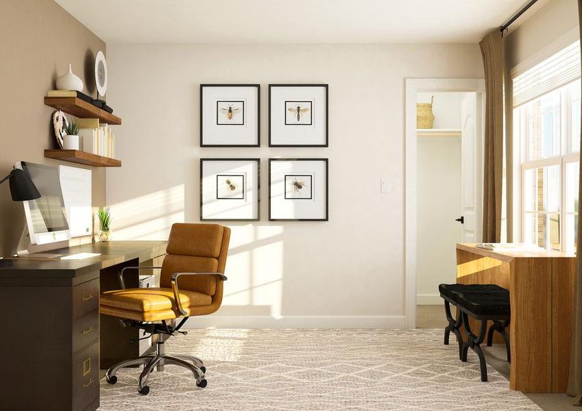 Rendering of a bedroom used as an office
  with a large desk and floating shelves on one wall and a smaller table with
  bench against the window on the other wall.