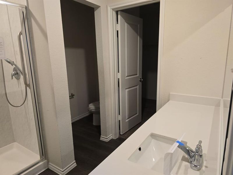 Bathroom featuring walk in shower, vanity, toilet, and wood-type flooring