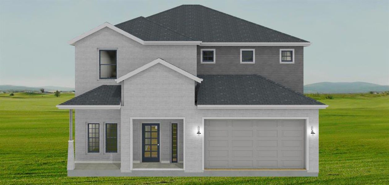 Front of home. Brick and stone exterior all around. Attached 2 car garage and double wide driveway.
