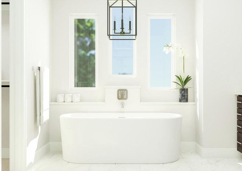 Rendering showcasing the freestanding
  bathtub complemented by three windows, beautiful chandelier and flower within
  a vase. A double vanity and walk-in closet can be seen to either side.