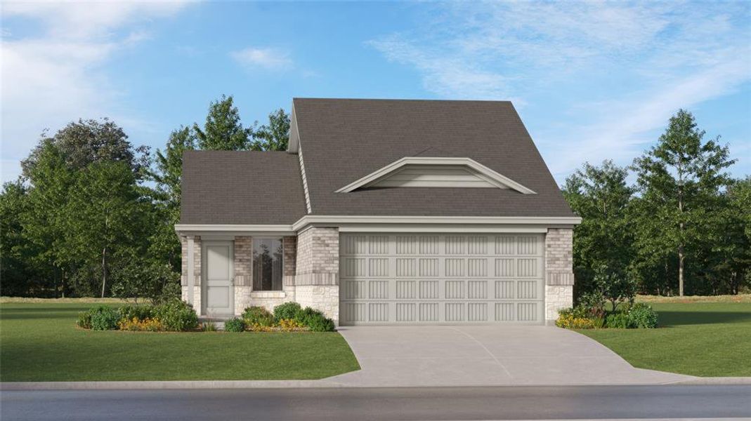 View of front of home featuring a garage and a front lawn