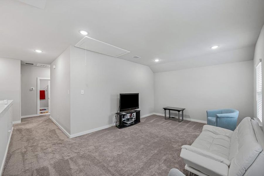 Living room featuring light colored carpet