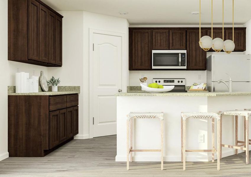Rendering of the kitchen featuring dark
  wood cabinetry, light countertops, a kitchen island with barstools and
  stainless steel appliances.