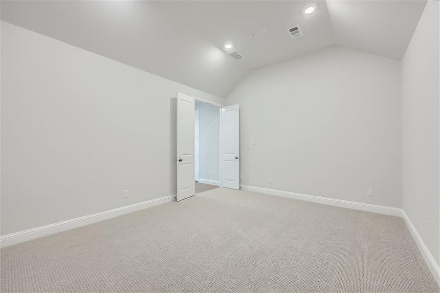 Unfurnished room with carpet and lofted ceiling
