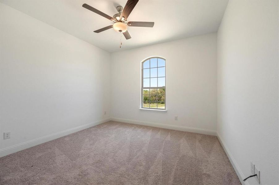 Empty room featuring carpet flooring and ceiling fan