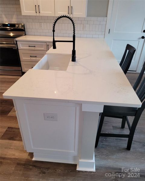 Farmhouse Style Sink, Black & Stainless Appliances, Chimney Style Stainless Hood, Shaker Cabinets, Quartz Countertops and Subway Tile Backsplash are Standard in this build-Sample pic from another build
