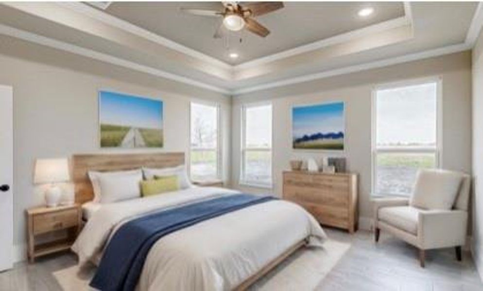 Bedroom featuring ceiling fan, a tray ceiling, multiple windows, and light hardwood / wood-style flooring