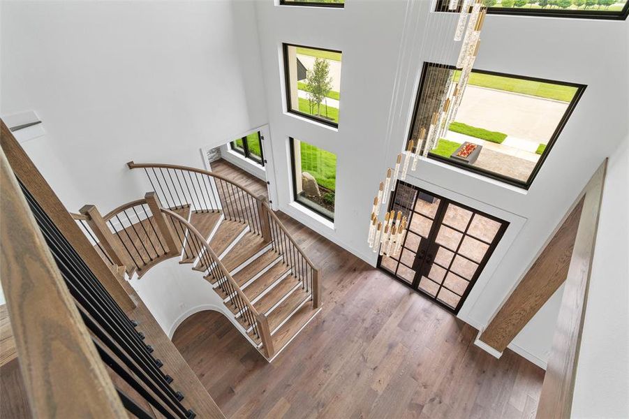 Entryway featuring a towering ceiling and dark hardwood / wood-style flooring