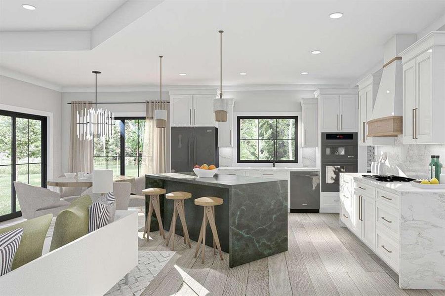 Kitchen with a healthy amount of sunlight, black appliances, backsplash, and custom range hood