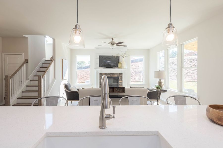 The spacious kitchen overlooks the family room