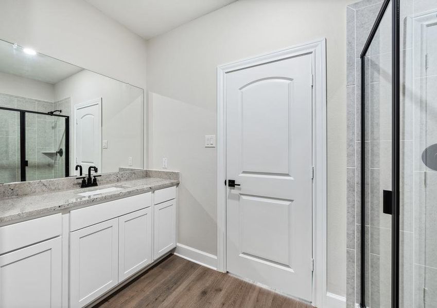 The master bathroom of the Rio Grande has a walk-in, glass shower.