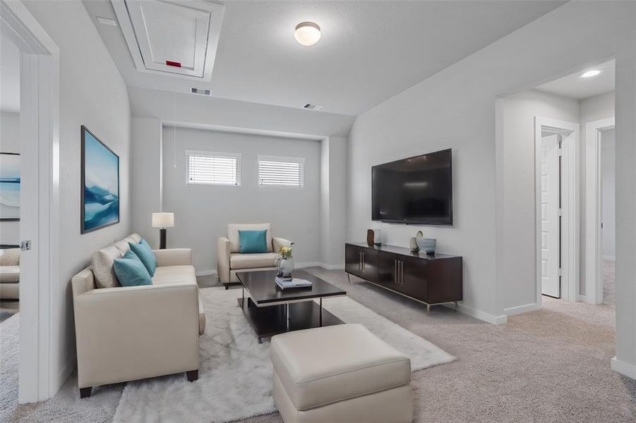 Come upstairs and enjoy a day of leisure in this fabulous game room/media room!!!  This is the perfect hangout spot or adult game room, this space features plush carpet, high vaulted ceiling, lighting, and custom paint!