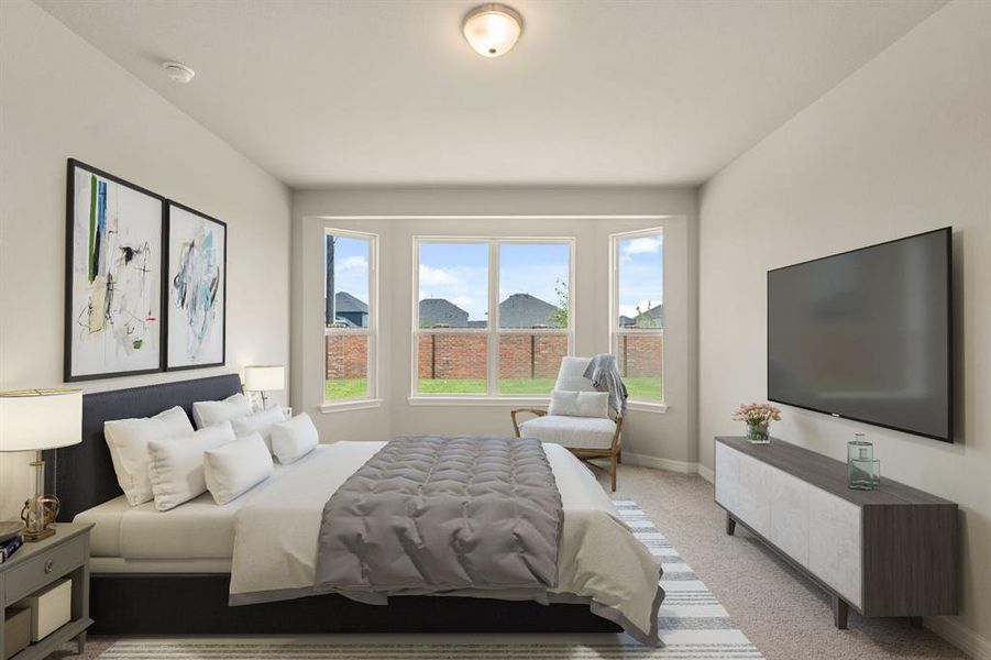 The primary bedroom is generously sized, creating a tranquil and spacious retreat that offers ample room for relaxation. Featuring plush carpet, high ceilings, fresh paint, and large windows that lets in natural lighting throughout the day.