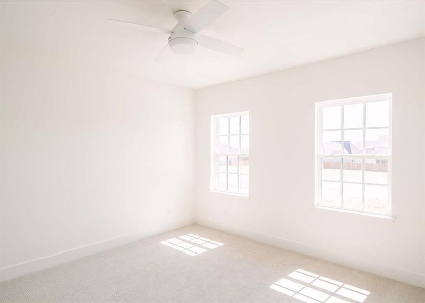 Unfurnished room with ceiling fan, light colored carpet, and plenty of natural light