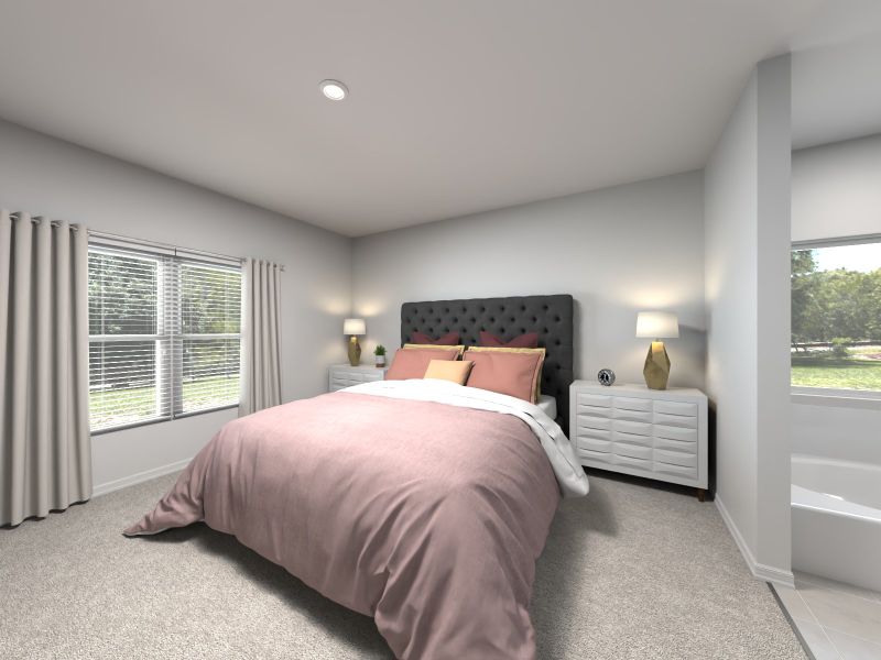 Virtual rendering of primary bedroom in the Sawyer floorplan