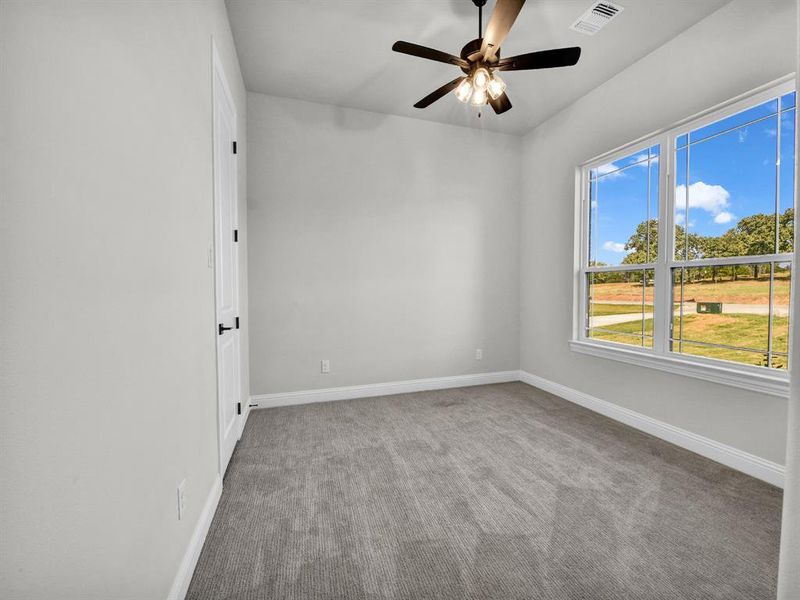 Carpeted spare room with ceiling fan