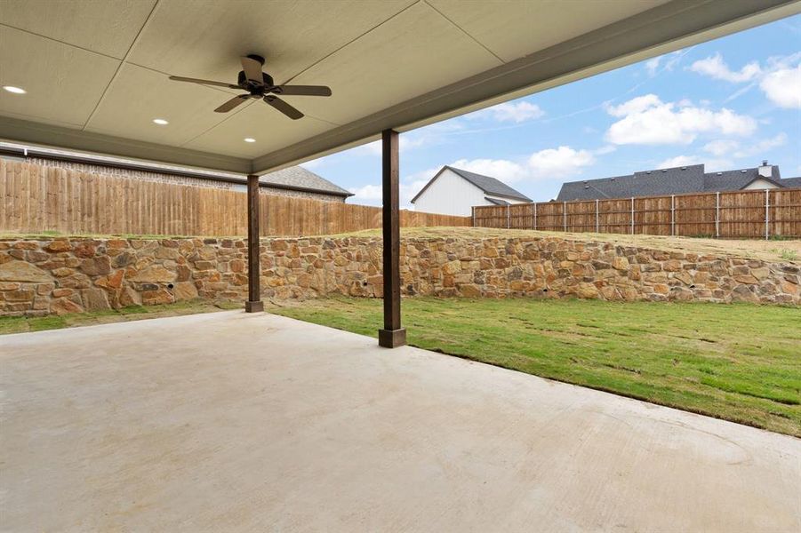 View of patio with ceiling fan