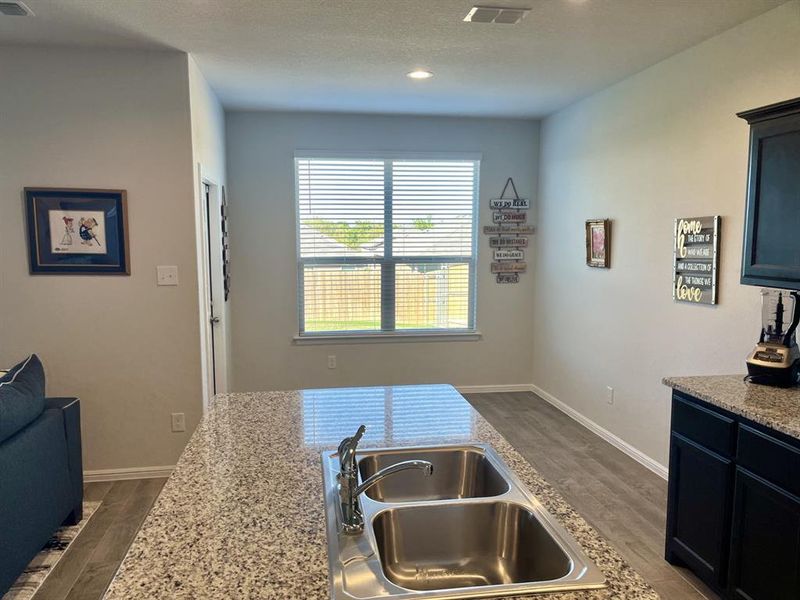 Kitchen featuring light stone countertops, sink, and dark hardwood / wood-style floors