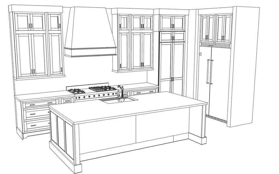 Kitchen cabinet layout- Fridge will be paneled with matching cabinetry. Hidden pantry doors to the right of the range*For visual representation only