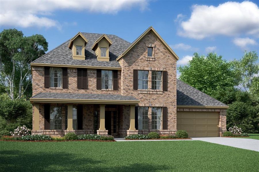 Stunning Louise home design by K. Hovnanian® Homes with elevation B in beautiful Waterstone on Lake Conroe. (*Artist rendering used for illustration purposes only.)