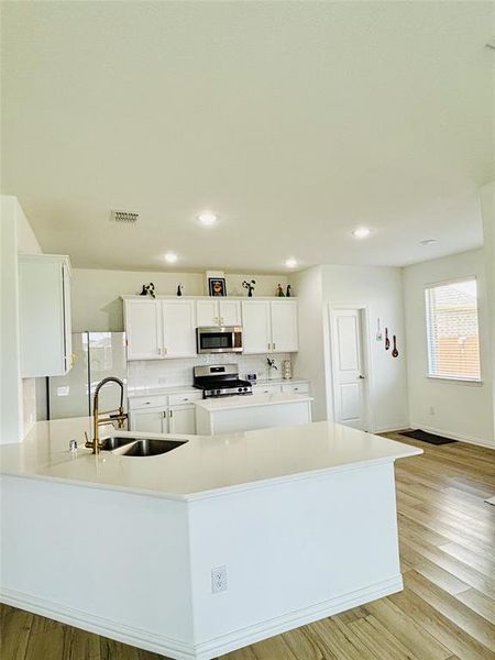 Kitchen with white cabinetry, stainless steel appliances, backsplash, and light hardwood / wood-style flooring